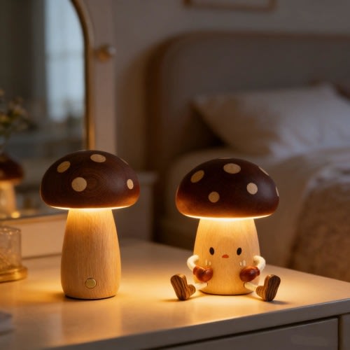 Handcrafted Wooden Mushroom Lamp, Rechargeable Table Night Light, Solid Wood Bedside Lamp with Touch Switch, Cozy Gift Decor