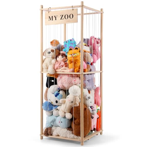Stuffed Animal Storage Zoo, Wooden Stuffed Animal Organizer with Elastic Cords for Boys Girls, Space Saving Toy Plushies Storage Holder for Playroom, Bedroom, Living Room (Burlywood, Large)