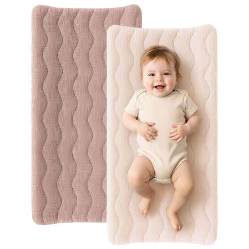 Konssy 2 Pack Quilted Muslin Changing Pad Cover, Waterproof Layer 32" x 16" | 100% Cotton Surface with Silent Protection, Soft Changing Table Sheets, for Baby Boys and Girls (Taupe, Cream)
