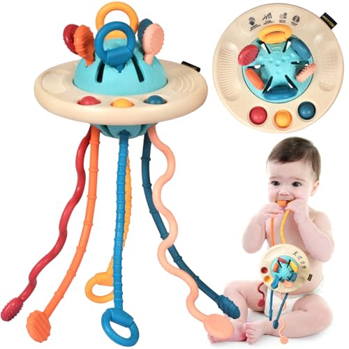 Baby Sensory Montessori Teething Toys for 24 Months, Pull String Silicone Teething Toy for 2 3 Year Old, Sensory Development Toddler Travel Toys for 2-3 Year Old Boy Girl Birthday Gifts (White)