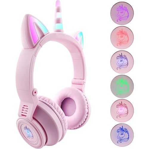 Unicorn Kids Headphones for Girls, Unicorn Bluetooth Headphones Foldable for Girls Toddlers Tablet/pad/Amazon fire,Light Up Kids Wireless Headphone Birthday Gifts (Purple Pink)