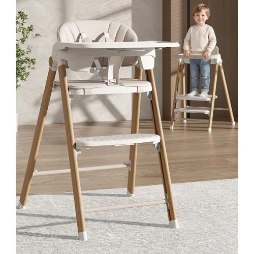 Convertible Baby High Chair to Toddler Tower, Foldable Wood Grain Highchair