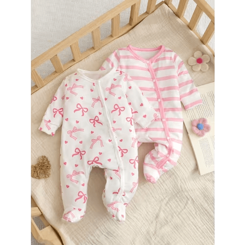 2pcs set cute baby girls striped footed bodysuit - Temu