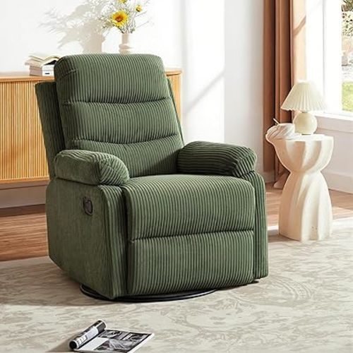 Rocking Recliner Chair,Modern Swivel Glider Recliner Chair,Corduroy Fabric Upholstery Recliner,Manual Reclining Sofa Chair for Living Room,Office,Apartment (Green)