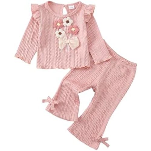 Kucnuzki Toddler Baby Girl Clothes Outfit Long Sleeve Ruffle T Shirt Top Bell Bottom Pants Two Piece Fall Winter Outfits