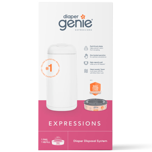 Diaper Genie Expressions Pail White, Odor-Controlling Diaper Disposal System, One Pail & One Refill