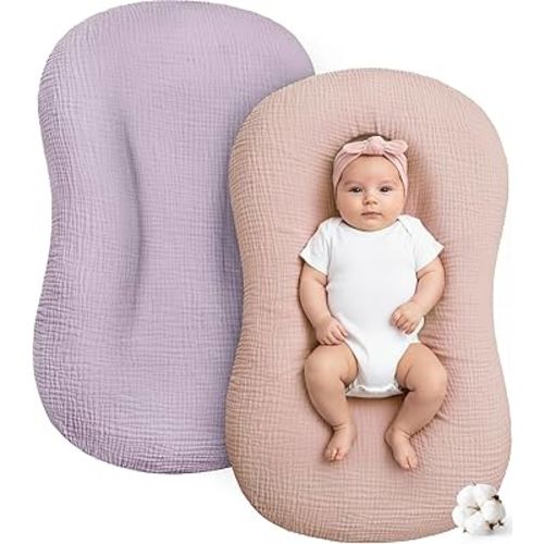 Muslin Baby Lounger Cover 2 Pack, Cotton Soft Breathable Infant Nest Slipcovers, Envelope Closure, Compatible with Snuggle Me Loungers, Machine Washable, Cover Only, for Girls Boys(Pink & Purple)