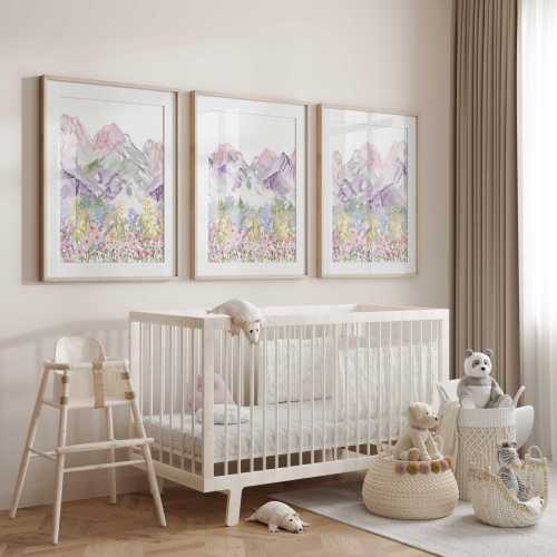 Wildflower Mountain Nursery Prints: Set of 3 Baby Girl Decor