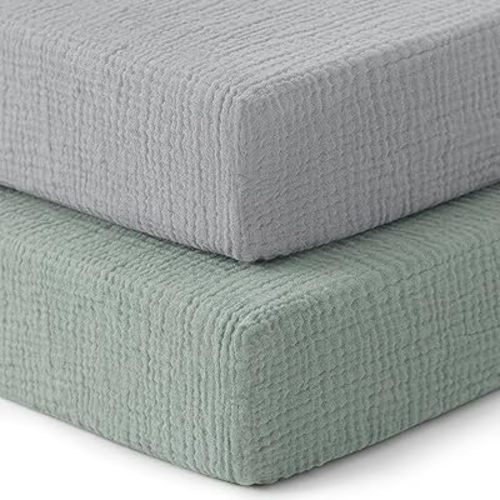 Pro Goleem 2 Pack Muslin Crib Sheets for Boys and Girls, Soft Breathable Neutral Fitted Cotton Baby Bed Sheets Set for Standard Crib Mattress & Toddler Mattress 52"x28", (Grey&Green)