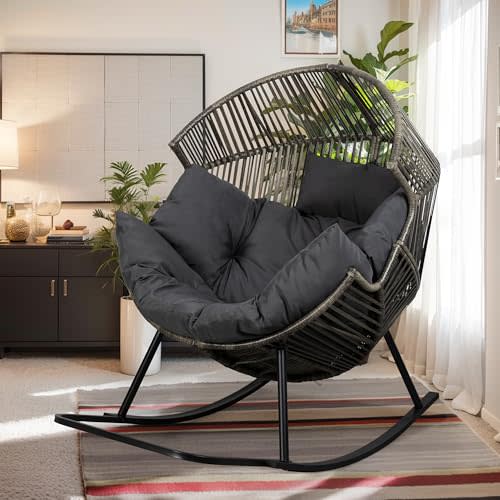 Vongrasig Wicker Egg Chair PE Rattan Rocking Chair with Cushion, Oversized Patio Lounge Rocker Chair for Outdoor, Indoor, Balcony, Backyard, Garden, Black/Rattan
