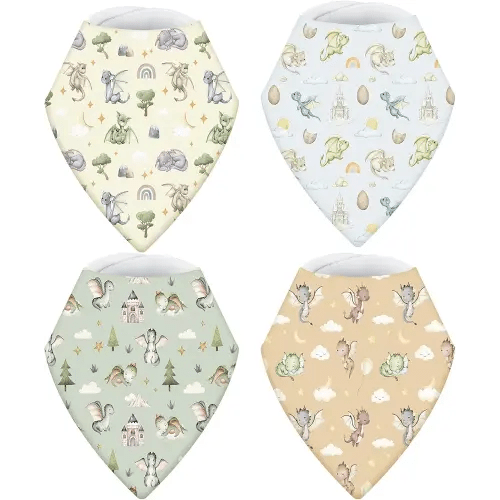 VitalCozy 4 Pcs Watercolor Dragon Baby Bandana Bib Cotton Newborn Infant Feeding Drool Bib for Drooling and Teething Girl Boy