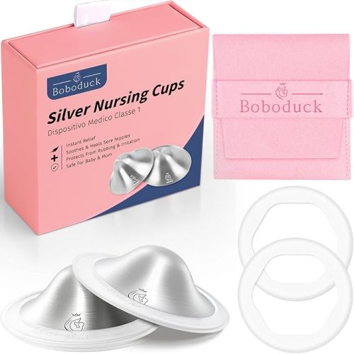 Boboduck 999 Silver Nipple Covers Breastfeeding - The Original Silver Nursing Cups - Protect and Soothe Sore Nipples - Silver Nipple Shield Guards with Soft Silicone Ring XL