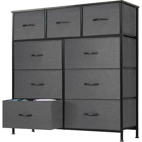 DUMOS Dresser for Bedroom, Dressers & Chests of Drawers Dresser Organizer, Wood Top Table Furniture with 9 Fabric Storage Tower Unit, Chest of Drawers for Closet, Living Room, Hallway, Porch