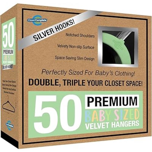Closet Complete Baby Velvet Hangers, Premium Quality, True-Heavyweight, Virtually-UNBREAKABLE, Ultra-Thin, Space Saving No-Slip, Perfect Size for Babies 0-48 months 360° SPIN, Chrome Hooks, Green, 50 pc