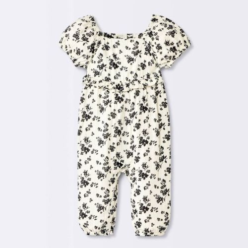 Baby Girls' Floral Puff Sleeve Ruffle Romper - Cloud Island™ Off-White 6-9M