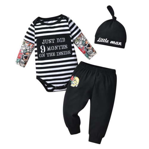 Newborn Infant Baby Boy Clothes Long Sleeve Stripe Letter Print Romper Pants and Hat Outfits Set Black