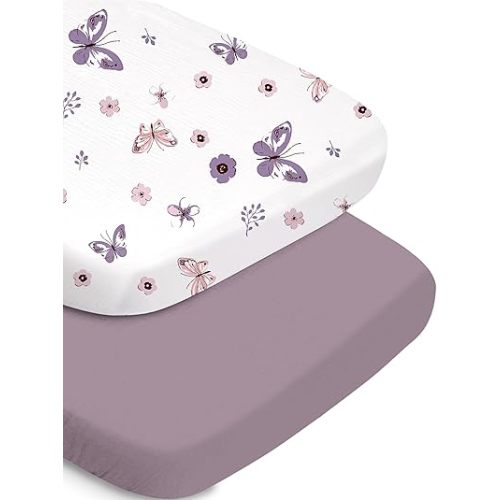 Bassinet Fitted Sheet Set - Soft Purple+Butterflies, Perfect for Baby Boys and Girls, Fits Halo, Mika Micky, Baby Delight, and More
