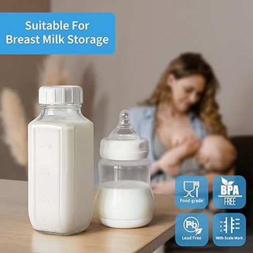 8 Pack 16 Oz Reusable Glass Milk Bottles w 100% Airtight Heavy Duty SCREW Lid w Silicone Gasket - Glass Juice Bottles w Capacity Mark - Beverage Drinking Jar Juice Container(Extra 2 Lid)