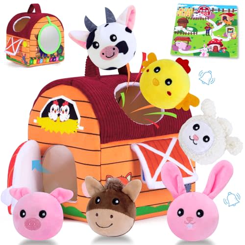 Baby Toys 6-12 Months, Little People Farm with Crinkle, Rattle & Squeaker – Little People Barn with Stuffed Farm Animals for Newborn Infants, Montessori Learning Toys for Baby Christmas Gift