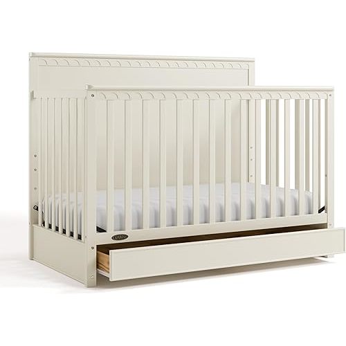 Graco Sasha 5-in-1 Convertible Crib with Drawer (Frosted Oat) – GREENGUARD Gold Certified Wood Crib, Converts to Toddler Bed, Daybed, Full-Size Bed, Stylish Classic Design