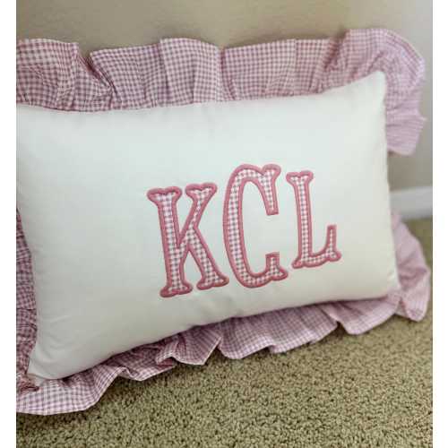 12x20 in Personalized  Applique Name and Monogram Pillow Cover, Pink Gingham Ruffled Cushion