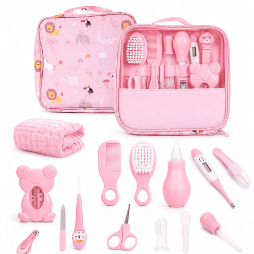 Byseng 14-in-1 Baby Grooming Kit, Newborn Care Essentials Set with Hair Brush, Comb, Nail Clippers, Nasal Aspirator & Travel Case, Pink