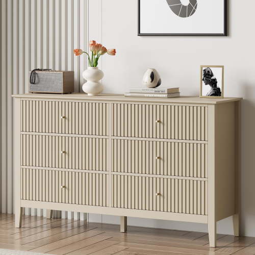 Heynemo Beige 6 Drawer Dresser, Fluted Modern Wood Chest, for Bedroom Hallway Living Room
