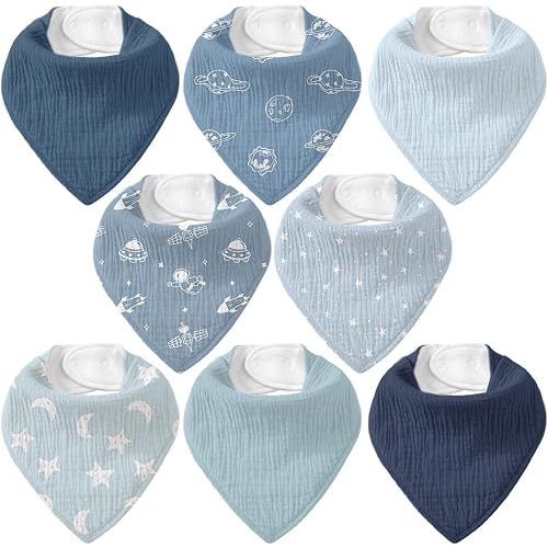 8-Pack Muslin Baby Bandana Bibs | Super Absorbent Cotton Drool Bibs, Nickel-Free Snaps, Teething & Registry Gift for Newborn Boys Girls 0-36 Months Navy Blue Space