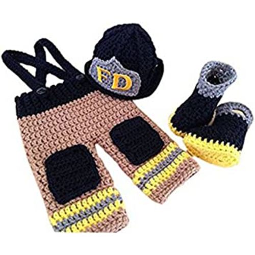 Pinbo Baby Photography Prop Crochet Knitted Firefighter Fireman Hat Pants Shoes