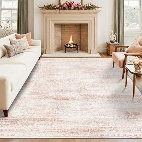 Latte&Fog 6x9 Washable Area Rugs, Vintage Large Pink Rugs for Living Room, Dining Room, Girls Bedroom, Kitchen, Non Slip Low Pile Soft Cute Carpets for Kids Nursery, Classroom, Farmhouse, Office