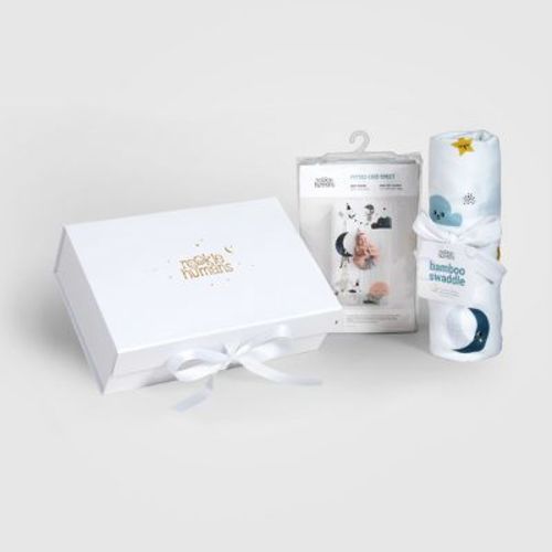Baby Gift Set, Crib Sheet & Swaddle Newborn Gift Box, Moon & Stars Theme