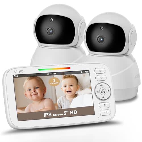 Kidsneed 5" Split Screen Baby Monitor with 2 HD 720P Cameras and Audio - No WiFi,Long Battery Life, Night Vision, Remote Pan& Tilt& Zoom，Two-Way Talk, Lullabies, Thermal Monitor, 1000ft Range（510FV2）