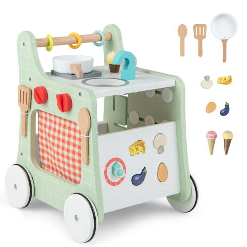 Costway 6-in-1 Toddler Walker: Wooden Pusher for Infants & Kids, Learning Activity Center Toy with Kitchen, 12+ months+