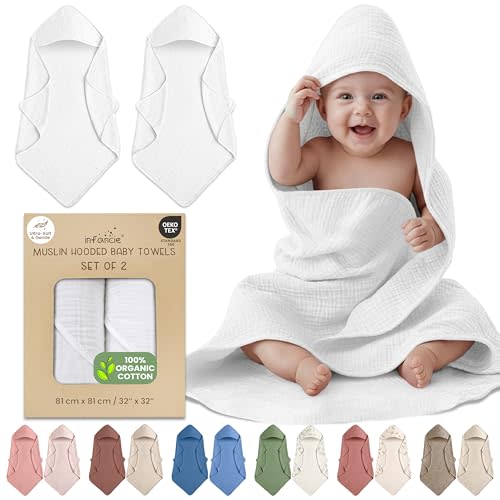 100% Organic Cotton Muslin Baby Hooded Towels - 32x32 Inch, 2 Pack Newborn Bath Towels for Boys & Girls, Soft & Absorbent Bath Set (White)
