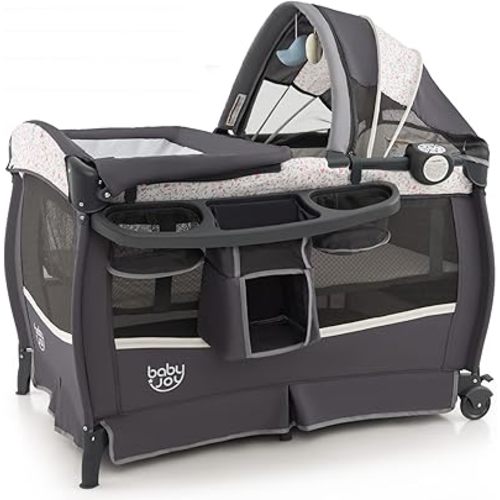 BABY JOY 4 in 1 Pack and Play, Portable Baby Playard with Bassinet & Flip-away Changing Table, Canopy, Infant Bassinet Activity Center with Storage Basket, Oxford Bag from Newborn to Toddlers (Floral)