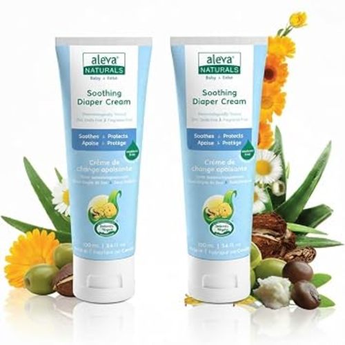 Aleva Naturals Baby Diaper Cream, Daily Soothing Barrier Cream for Newborn & Toddler Skin, Plant-Based with Organic Shea Butter, Zinc-Free, Fragrance-Free, Non-Greasy, Cloth Diaper Safe - Made in Canada, 100ml x 2