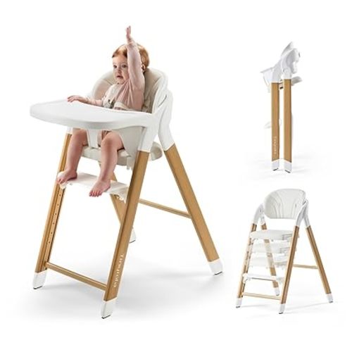 Tinyiota High Chair for Babies and Toddlers, Foldable & 8-Level Adjustable, One-Handed Removable Tray, Ergonomic Baby Highchair Convertible into Desk Chair for Toddler to Adult (Wood Color)