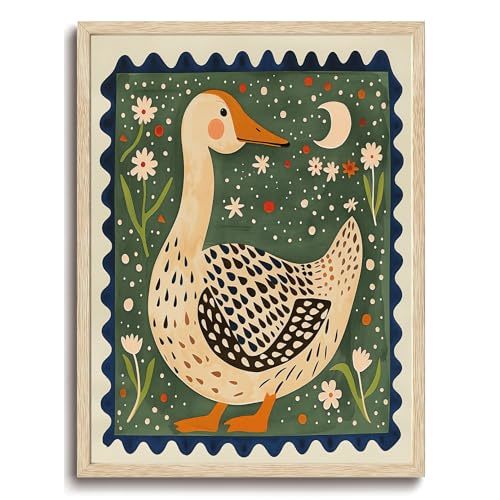 KISSFOX Whimsical Goose Floral Canvas Wall Art Vintage Duck OAK Framed Wall Art Cute Animals Pictures Wall Decor Boho Farmhouse Art Prints Rustic Cottagecore Paintings Artwork For Nursery Kid Children