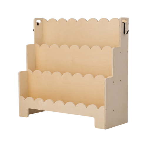 KFFKFF Montessori-Inspired 3-Tier Kids Bookshelf with Scalloped Design, Front-Facing Bookcase for Toddlers, Includes Dual Hooks for Backpacks, Ideal for Kids' Rooms, Living Areas, Entryways