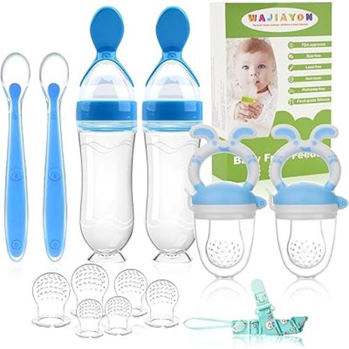 WAJIAYON Baby Fruit Feeder Pacifier | 2 Infant Food Feeder Pacifier & 2 Baby Food Dispensing Spoon | Fresh Fruit Teethers for Babies | Silicone Feeder Babies,Infant Teething Feeders (Blue-Rabbit)
