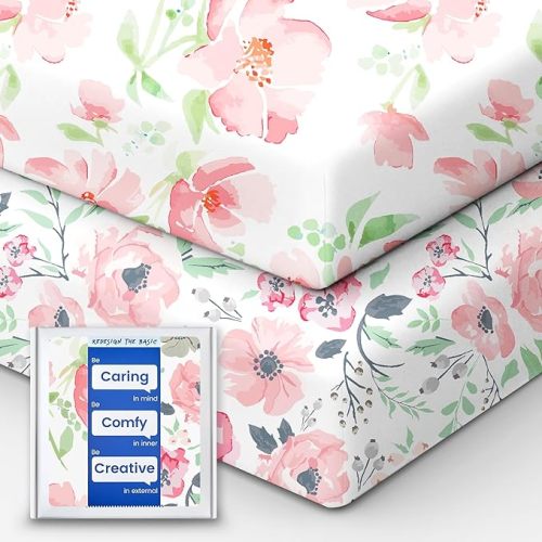 Baby Crib Sheets Girl, TotBasic Premium Soft Crib Mattress Sheet, Ultra Breathable Floral Crib Sheet Fitted, Super Stretchy Jersey Cotton Crib 28" x52‘’x9'' Extra Deep Pocket
