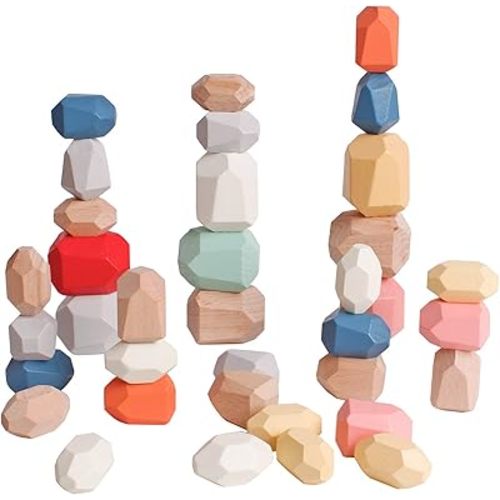 36pcs Colorful Blue Wood Stone Stacking Game Wooden Building Block Set Lightweight Natural Balance Weight Colorful Rock Block Educational Educational Toy