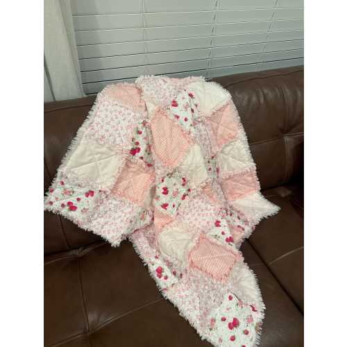 Handmade Pink Berry and Bows Rag Quilt Baby Blanket Soft Vintage Nursery Quilt