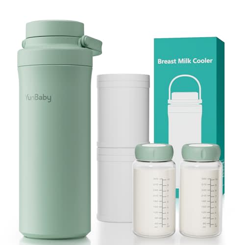 YunBaby 22oz Portable Breast Milk Cooler, Game-changer with 360° Total Cooling Gel Ice Pack for 30 Hours, Baby Travel Breastfeeding Essential Chiller with 2pcs Bottles for Breastmilk Storage(Green)