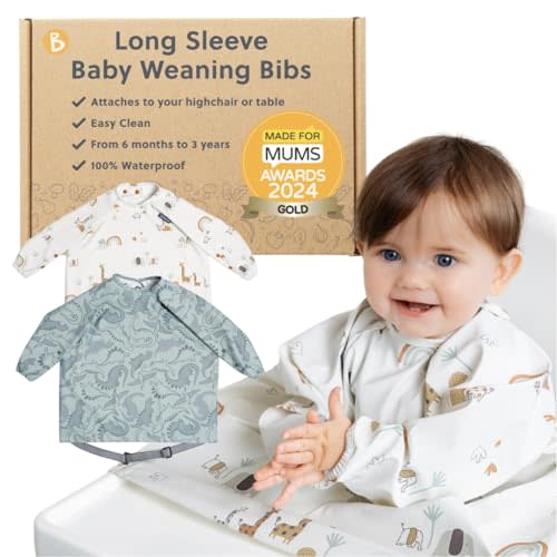 BIBaDO - Long Sleeve Baby Bibs - Babies & Toddlers 6-36 Months - Coverall Baby Led Weaning Bib - Easy Wipe, Soft & Waterproof