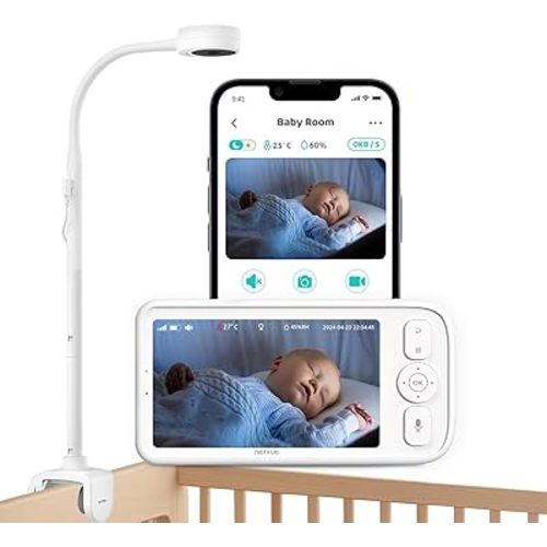 Baby Monitor with Camera and Audio, 5’’ Screen & App, 2.4GHz WiFi Secure Link, Sleep Tracking, Cry Detection, Night Vision, Temp & Humidity Monitor, 2-Way Talk, 5GB Cloud Storage, 4-in-1 Mount