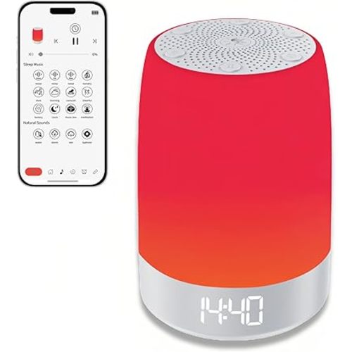 Red Light Sleep Sound Machine – Night Light for Bedroom with 5-Level Red Light Therapy (620–690nm), 32 White Noise & Nature Sounds, Smart App Control, Timer & Wake-Up Alarm Clock