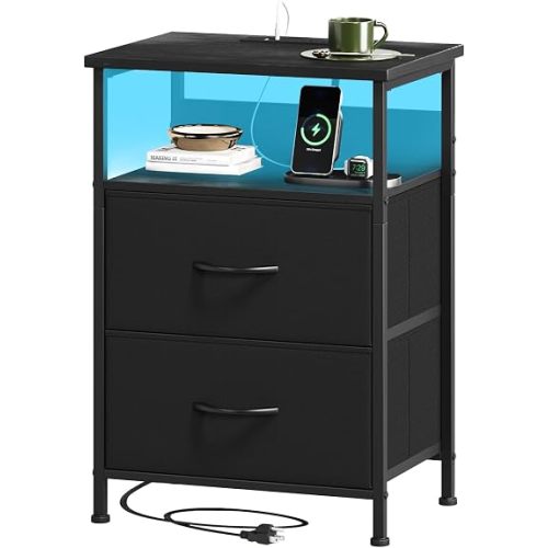 Somdot Nightstand with 2 Drawers, Charging Station & LED Light