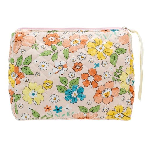 PAZIMIIK Quilted Makeup Bag Large Travel Zipper Soft Cosmetic Pouch for Women Girls Make Up,Floral Orange