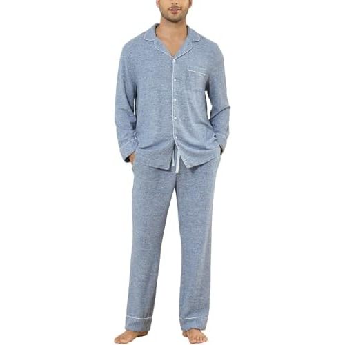 Veseacky Mens Pajamas Set Long Sleeve Soft Pajamas for Men Button Down Sleepwear Pjs Lounge Sets with Pockets S-2XL